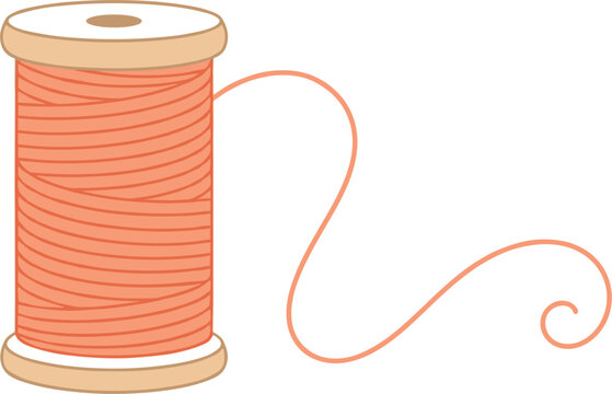 Wooden spool of peach colored sewing thread with loose swirling strand isolated on white background for tailoring and embroidery craft concepts.