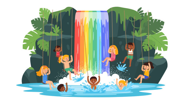 Rainbow Waterfall Playground: Children of diverse backgrounds joyfully play and swing from vines at a vibrant waterfall, creating a magical, colorful splash zone in a lush jungle setting.