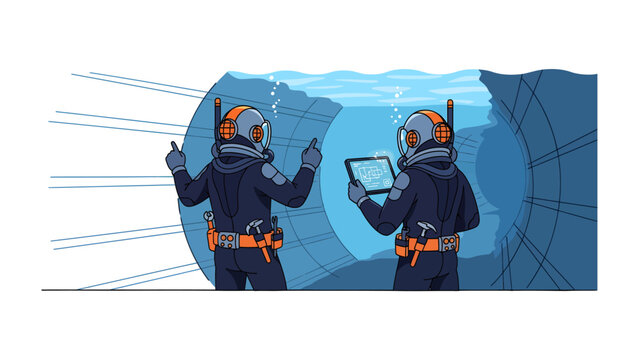 Underwater Exploration: Two divers in futuristic suits examine a tablet computer within a submerged underwater structure, their equipment gleaming and bubbles rising.