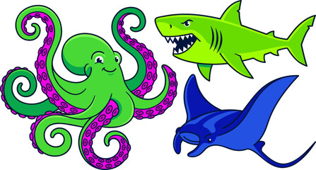 Fototapeta premium Cartoon Sea Creatures Vector Set Featuring Friendly Green Octopus, Aggressive Shark, and Blue Manta Ray Illustrations for Marine Wildlife Designs