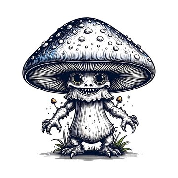 Whimsical mushroom creature illustration cartoon art style isolated design