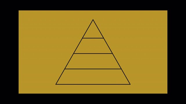 Geometric black line art of a segmented triangle structure. Minimalist blank four-level hierarchy pyramid diagram on yellow background