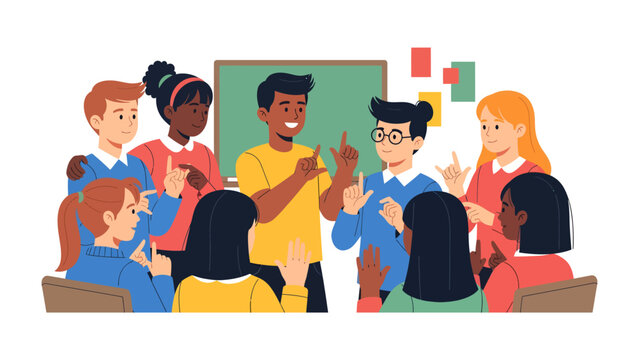 Diverse Group Learning Sign Language: A vibrant illustration depicts a mixed group of children and young adults, some using sign language, gathered in a classroom setting.