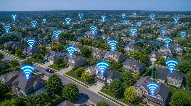 Aerial suburban neighborhood view with wireless internet signal icons