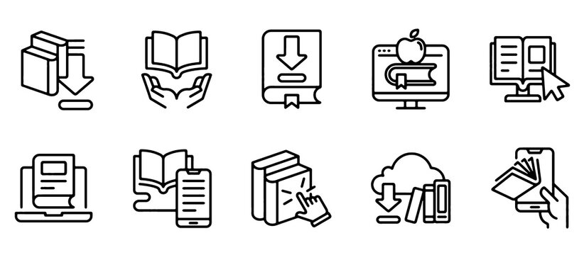 Online Book Download Icon Set &ndash; Digital Library, E-Book and Education E-Learning Vector Illustration for Web and App