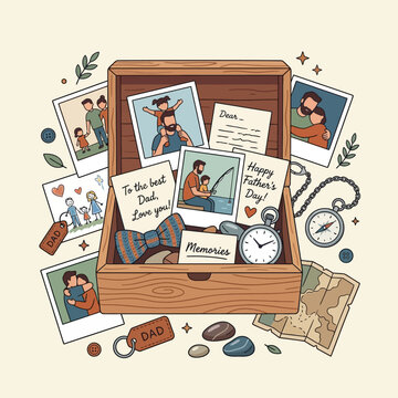 Pixel art memory box filled with nostalgic fatherhood photos, handwritten notes, and treasured keepsakes celebrating dads and family moments.