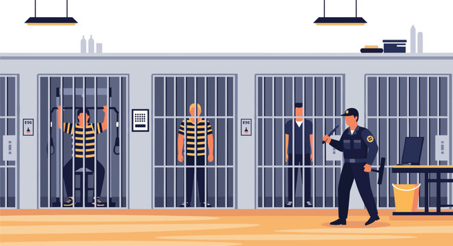 Guard patrolling jail corridor while prisoners exercise or wait in their cells representing law enforcement and justice.