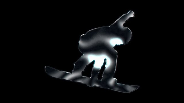 Silver metallic snowboarder performing melon grab trick silhouette. Alpha channel. Seamless loop video.