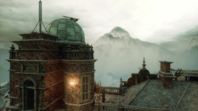 weathered watchtower overlooking snowy mountain pass, dusk mist curling around chimney stacks, vigilant sentinel mood, historic stone facade and broken rooftop