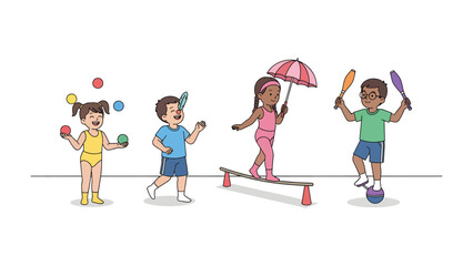 Circus Fun for Kids: Children joyfully engage in various circus activities, including juggling, balancing, and riding a unicycle, showcasing a spirit of playfulness and adventure. © abidakhatun
