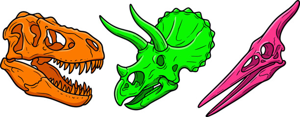 Colorful Dinosaur Skull Vector Icon Set Featuring Orange Tyrannosaurus Rex Green Triceratops and Pink Pterodactyl Fossil Bones for Creative Graphic Designs © MdMohsin
