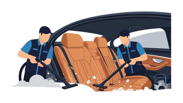 Auto Detailing Crew: Professional auto detailers meticulously clean and vacuum the luxurious leather interior of a modern car, ensuring a spotless finish with foaming soap and specialized equipment.