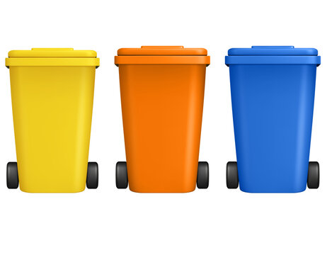 Row of Yellow Orange and Blue Plastic Waste Recycle Bins