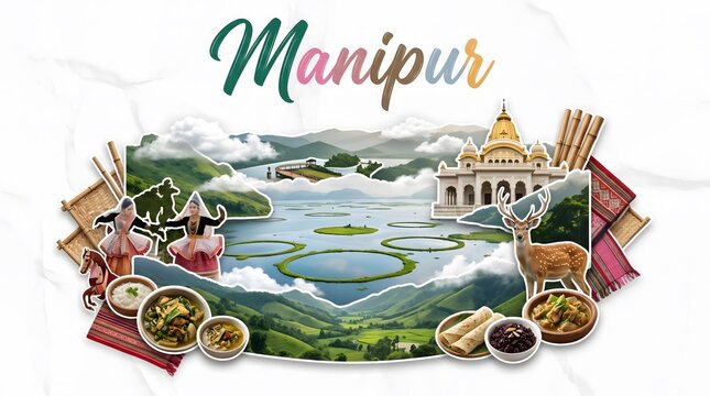 Manipur Travel Poster Featuring Cultural Heritage Traditional Cuisine and Iconic Landmarks