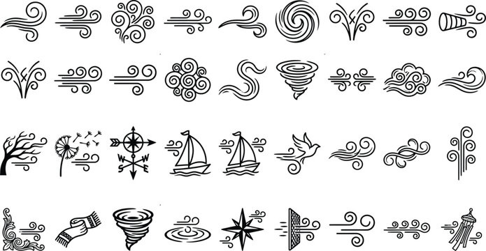 Stylized black wind gusts and swirls on a white background
