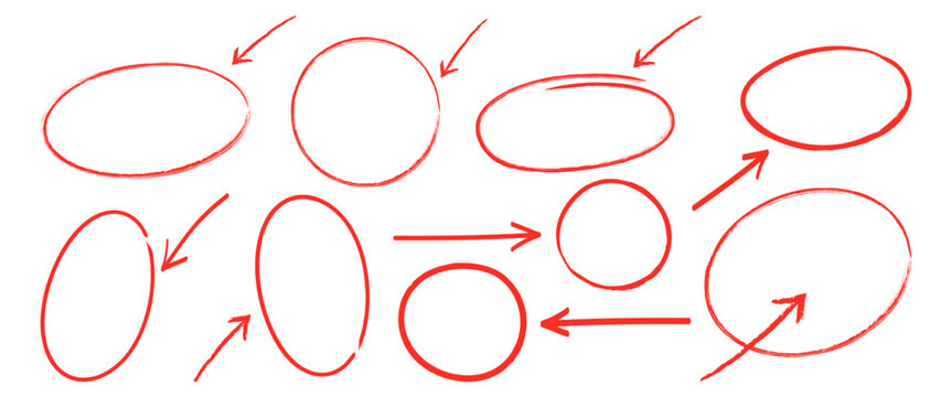 Hand drawn red circle marker highlight and arrow collection. Marking important text or correction brush elements. Vector illustration transparent background