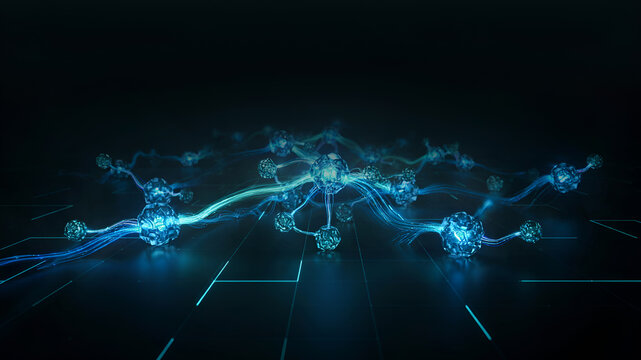 Futuristic Digital Network with Connected 3D Nodes and Glowing Data Links