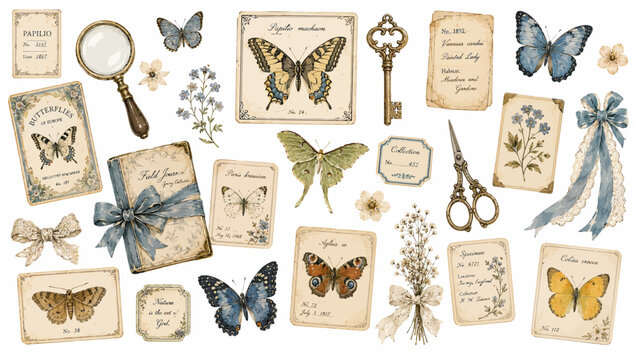 Victorian Butterfly Collector Clipart Set with Specimen Cards, Vintage Journal Magnifying Glass, and Botanical Elements