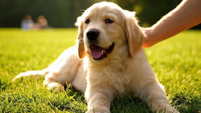 Golden Retriever Puppy Gently Petted in Green Field