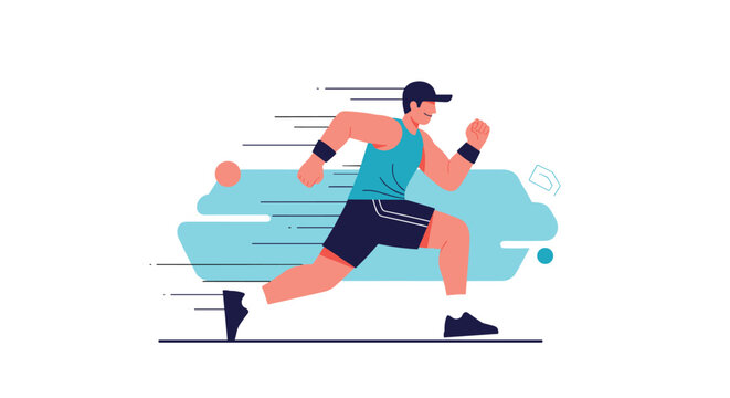 Fast male runner in athletic wear sprints across a stylized background with motion lines indicating high speed and energy.
