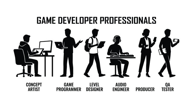 Game developer professionals silhouette icons set