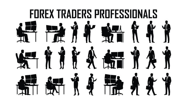 Set of silhouettes of professional forex traders working at office desks