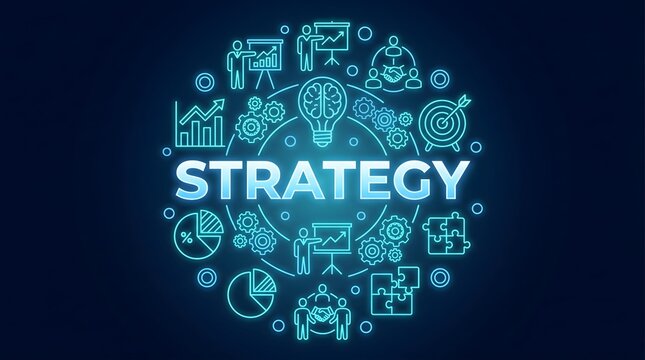 Virtual strategy mind map with glowing blue business icons symbolizing corporate planning management workflow and performance analytics