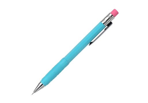 Light blue mechanical pencil with pink eraser on white background isolated on white background
