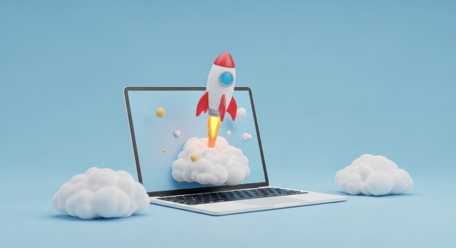 Laptop screen showing rocket launching from cloud