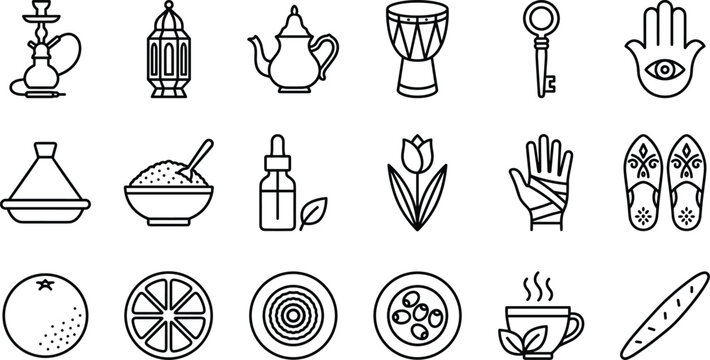 Moroccan culture and traditional food line icon set with hamsa lantern shisha tagine teapot symbols