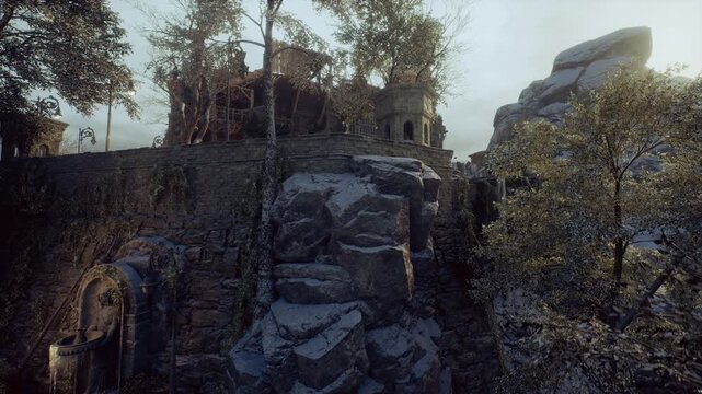 stone outpost shrouded in evening fog, rugged cliffs and scattered pines framing ancient walls, weathered steps leading to arched gate, cool twilight palette
