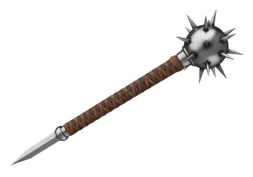 Medieval spiked mace weapon with wrapped handle and sharp blade isolated on white background