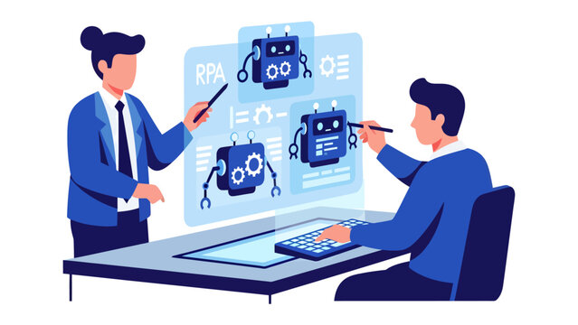 RPA Technology Presentation: Two professionals engage in a presentation about robotic process automation (RPA), with digital displays showcasing robot avatars and relevant data.