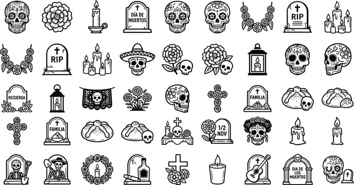 
Sugar skull, marigold flower, burning candle, and tombstone icons, Day of the Dead celebration vector illustration set