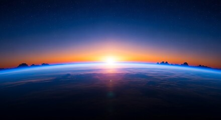 Fototapeta premium Sunrise over Earth from space with atmospheric glow and stars