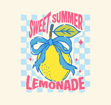 Sweet summer lemonade t-shirt design with hand drawn lemon, blue bow, checker background, and retro coquette style, perfect for apparel, stickers, and prints