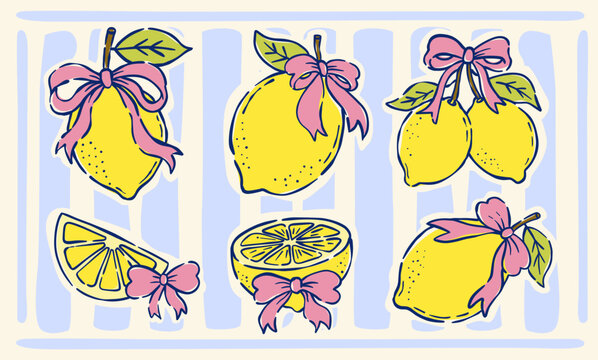 Cute hand drawn lemon fruit collection with pink bows, pastel summer citrus style, perfect for stickers, posters, patterns, scrapbooking, and seasonal designs