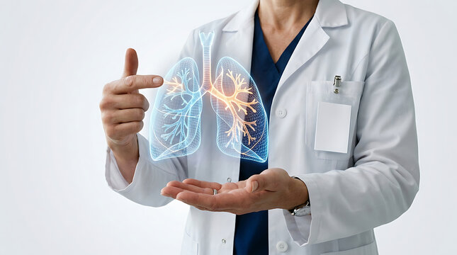 Medical professional examining a 3D holographic lung model for Bronchiectasis disease diagnosis