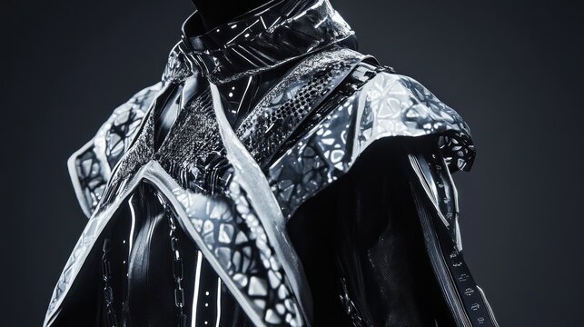 Dark, metallic hooded cloak with intricate silver detailing