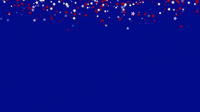 Blue background with falling red and white stars confetti for 4th of July