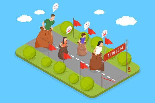 3D Isometric Flat Vector Illustration of Sack Race, Happy Family Participating In Sack Jumping In Bags