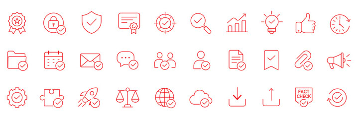 Approval checkmark verification web line icons set verified shield protection approved business handshake quality guarantee medal & more vector illustration with editable stroke © Top