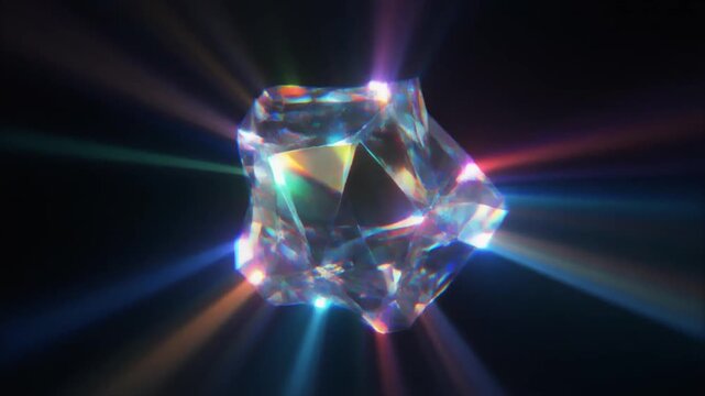 Radiant multifaceted diamond gemstone rotating slowly while emitting brilliant prismatic light beams in a mesmerizing cinematic motion graphic video sequence