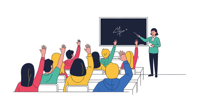 Interactive Classroom Lesson: A teacher points to a blackboard while a classroom of students raise their hands, eager to answer a question. Illustration depicts engagement and learning.