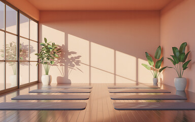 Fototapeta premium Modern yoga studio bathed in warm sunlight featuring three mats and indoor plants for serene practice sessions