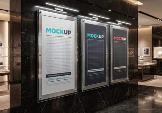 Three Elegant Poster SIgns Mockup Marble Hall