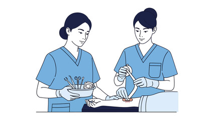 Fototapeta premium Medical Procedure: A sterile medical procedure is shown with two medical professionals in blue scrubs.