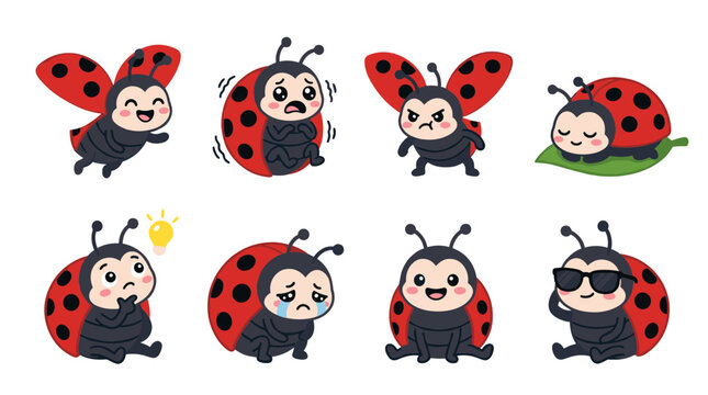 Cute ladybug character sticker set with various emotional expressions and actions flying crying and sleeping on leaf vector
