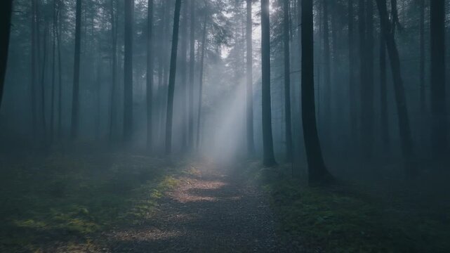 Bright sunbeams filter through a thick misty forest canopy onto a peaceful walking trail in this cinematic nature video clip