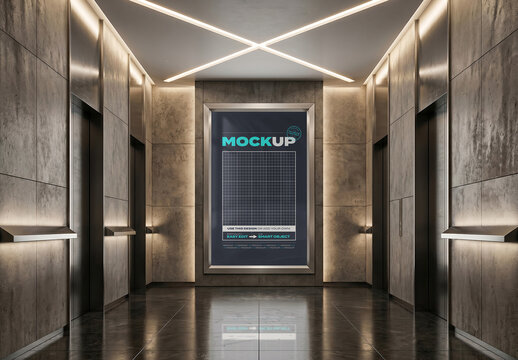 Vertical Backlight Sign Mockup on Hall with Elevators